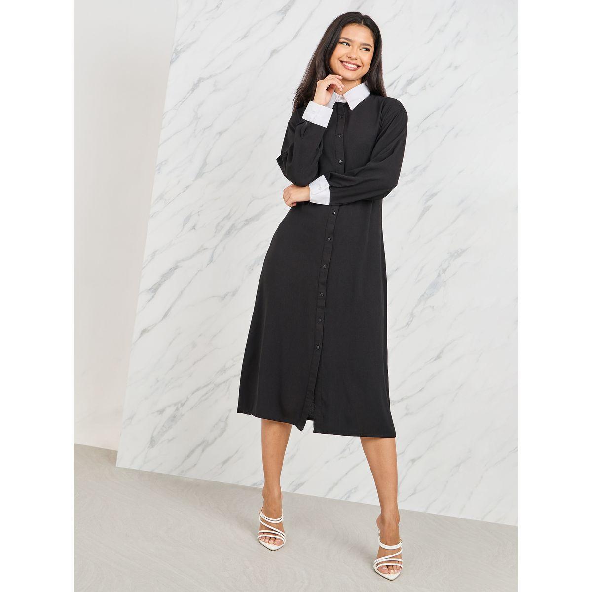 Styli Contrast Cuff Sleeves Collared Shirt Midi Dress-women-clothing-dresses-image-1