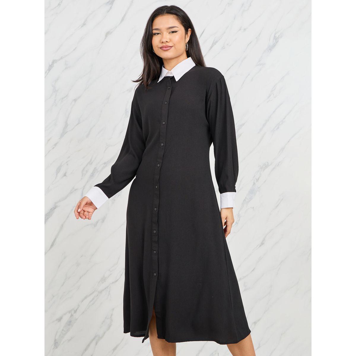 Styli Contrast Cuff Sleeves Collared Shirt Midi Dress-women-clothing-dresses-image-2
