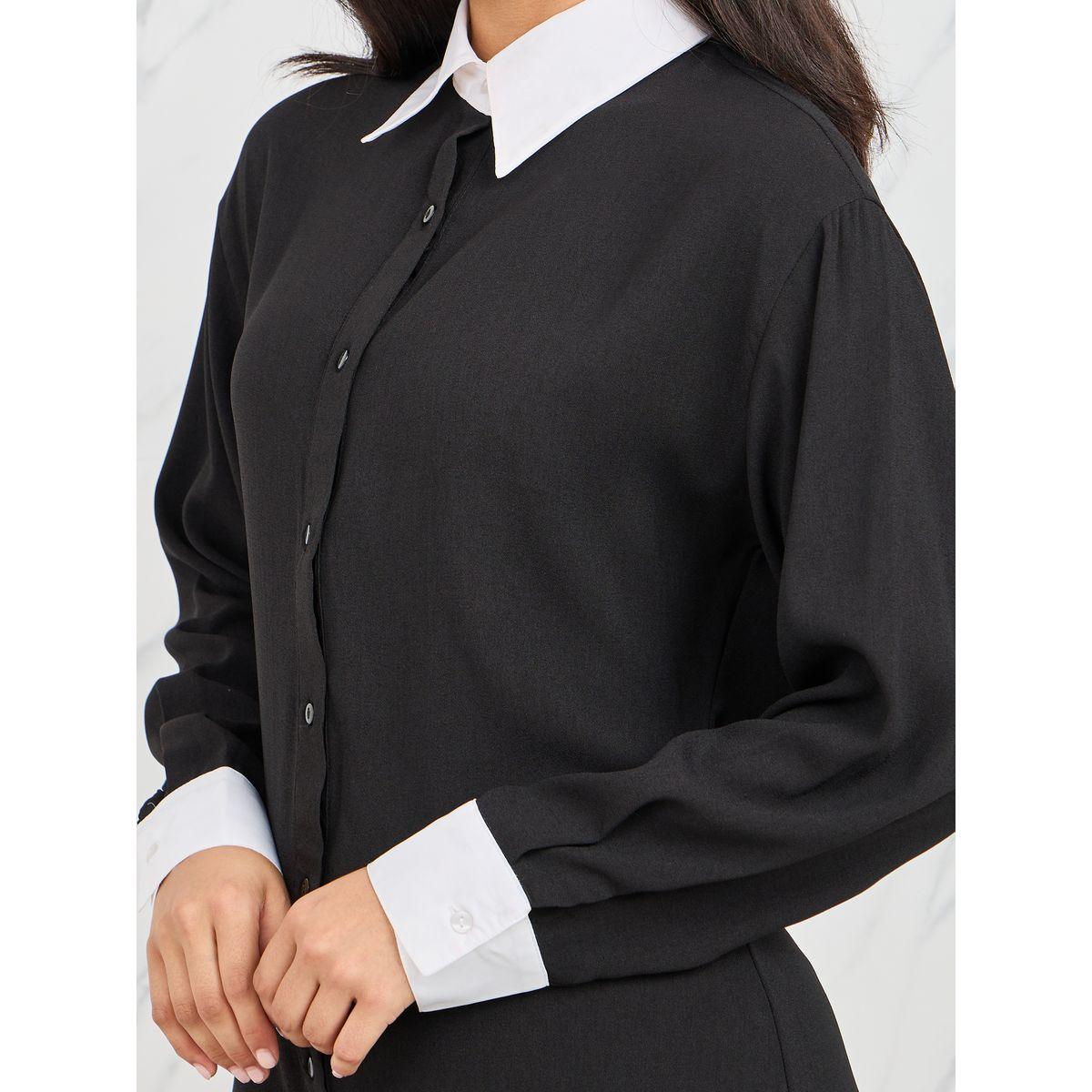 Styli Contrast Cuff Sleeves Collared Shirt Midi Dress-women-clothing-dresses-image-3