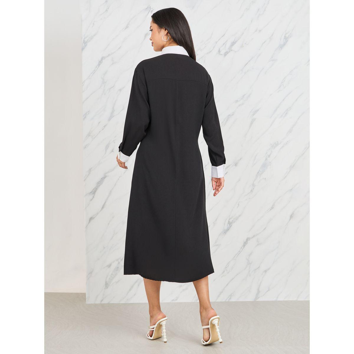 Styli Contrast Cuff Sleeves Collared Shirt Midi Dress-women-clothing-dresses-image-4