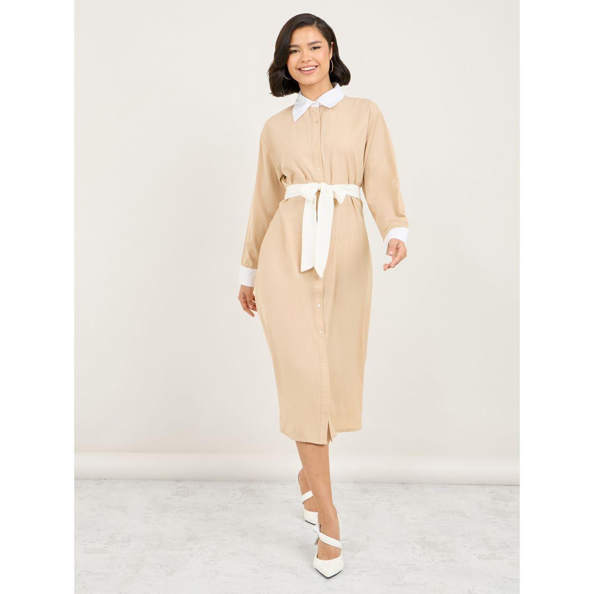 فستان ميدي بياقة مع اكمام بأساور-women-clothing-dresses-image-1