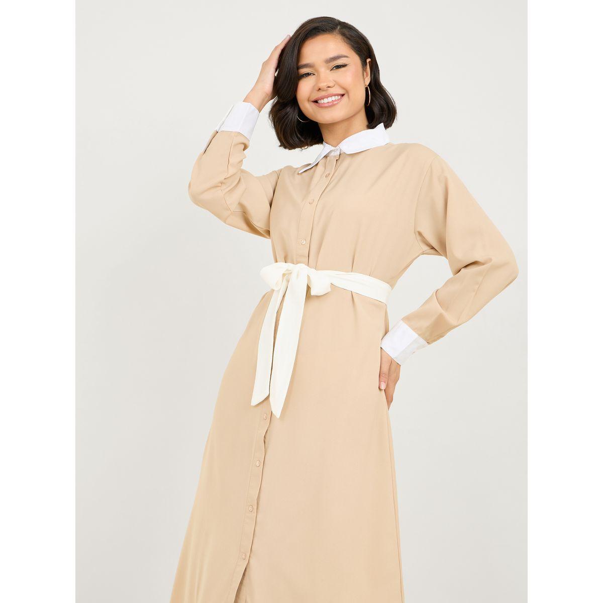 فستان ميدي بياقة مع اكمام بأساور-women-clothing-dresses-image-2