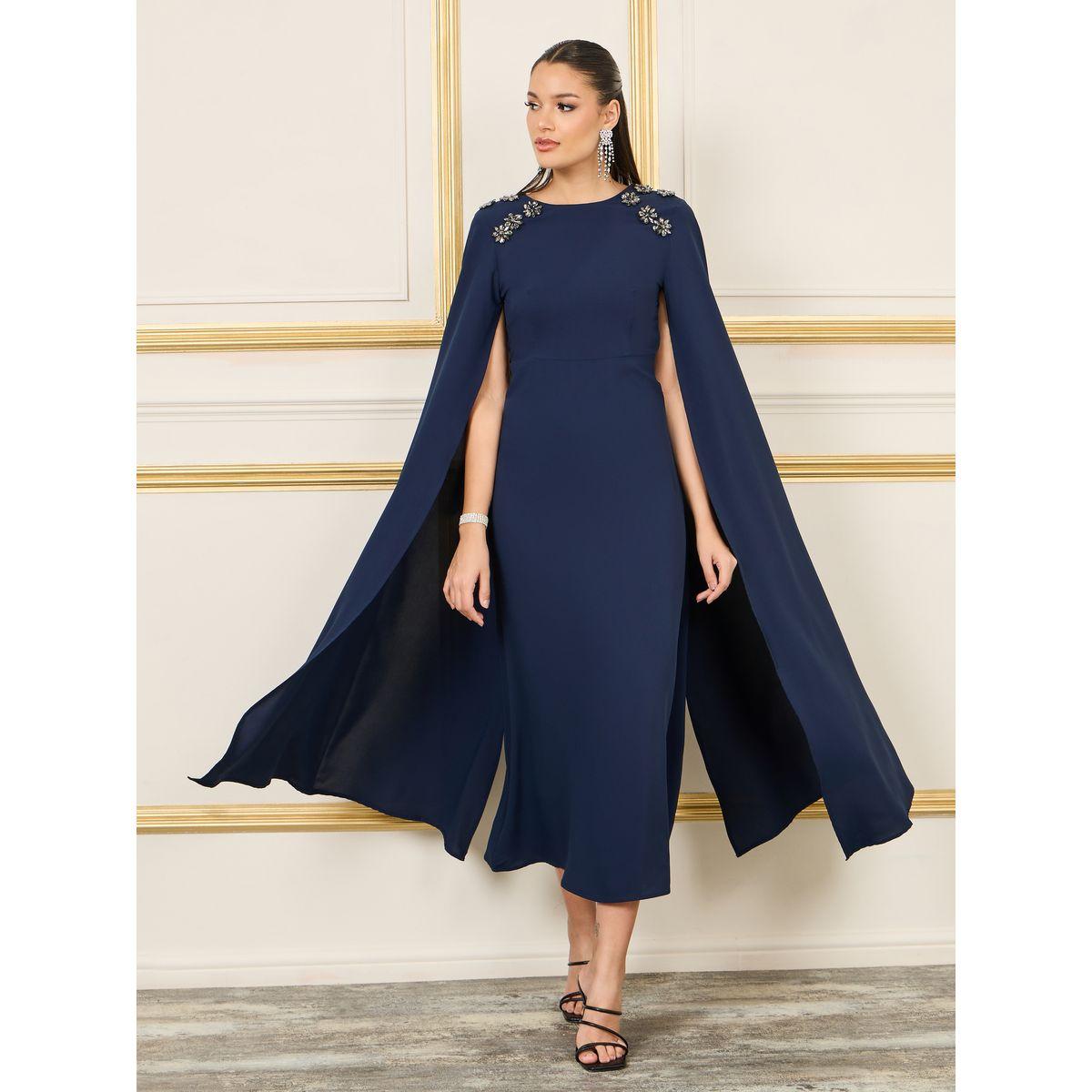 Styli Stone Embellished Cape Sleeves A-Line Midi Dress-women-clothing-dresses-image-1