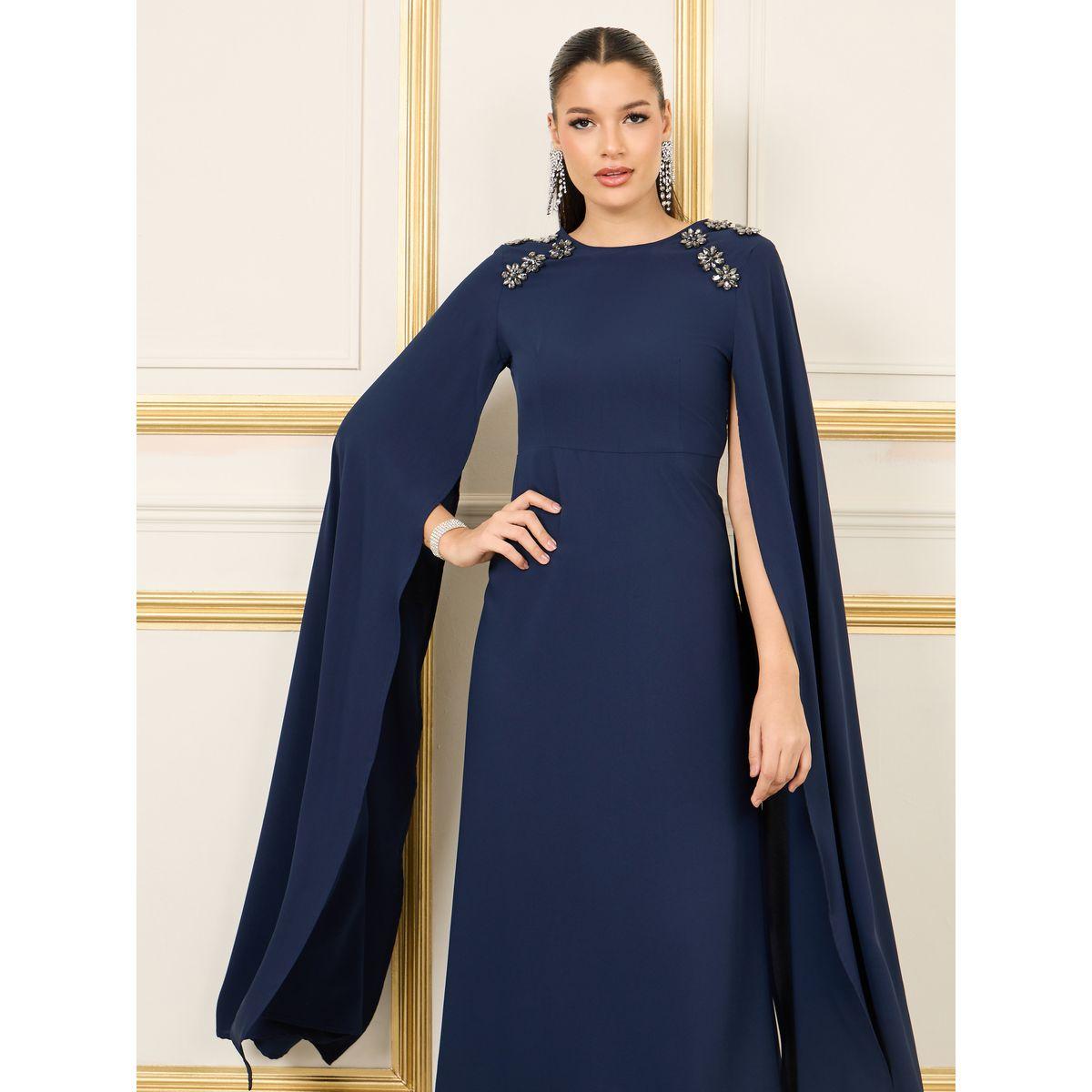 Styli Stone Embellished Cape Sleeves A-Line Midi Dress-women-clothing-dresses-image-2