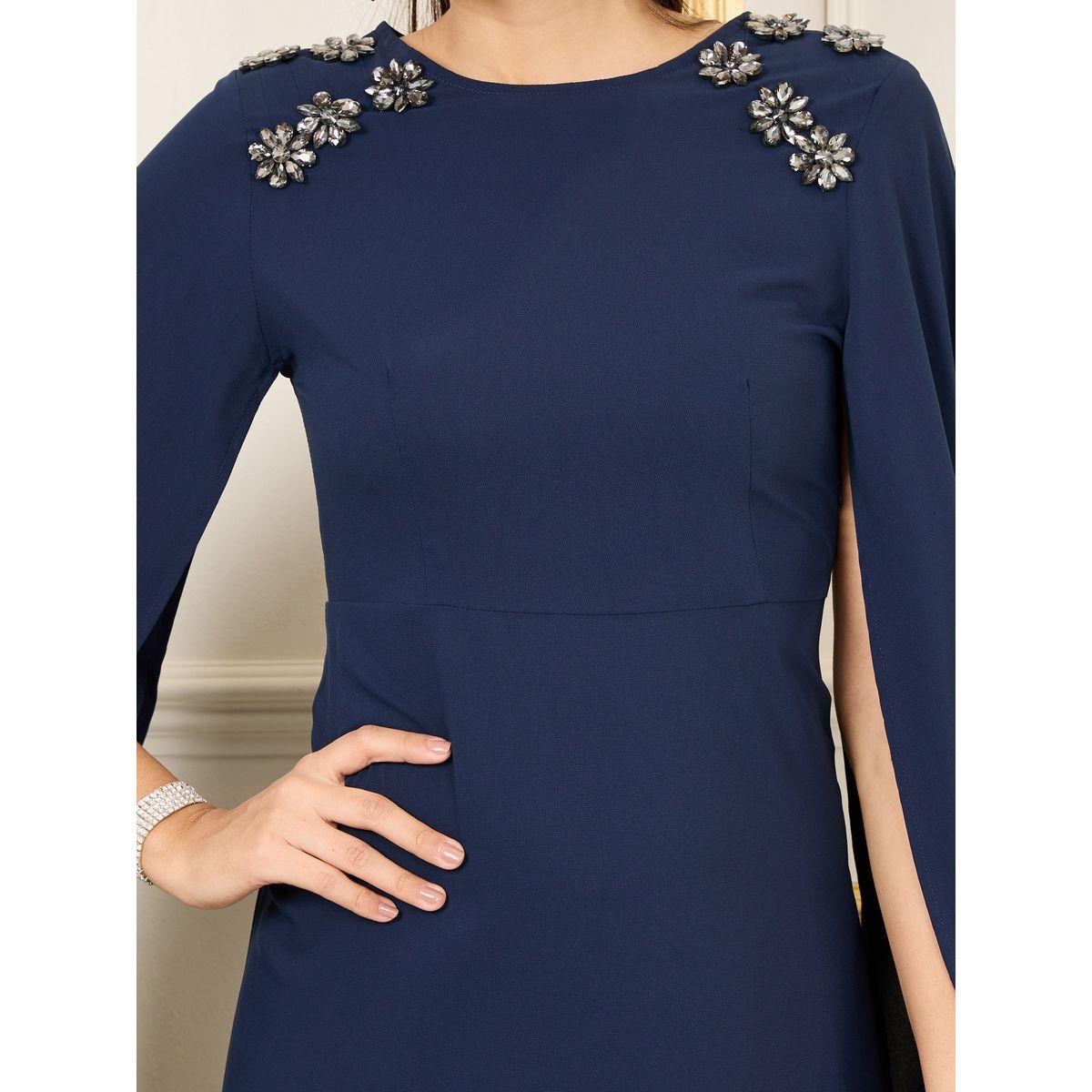 فستان ميدي مزين بالاحجار مع اكمام كيب-women-clothing-dresses-image-3