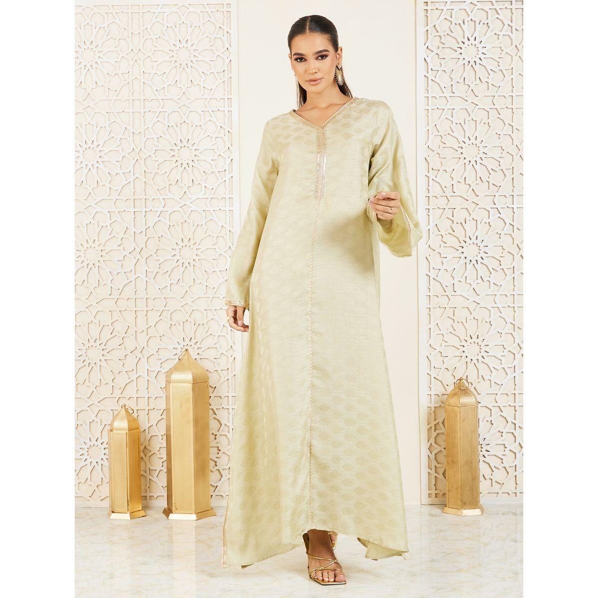 Styli Embroidered Lace Neck Jacquard Print Jalabiya-women-arabicclothing-jalabiyas-image-1