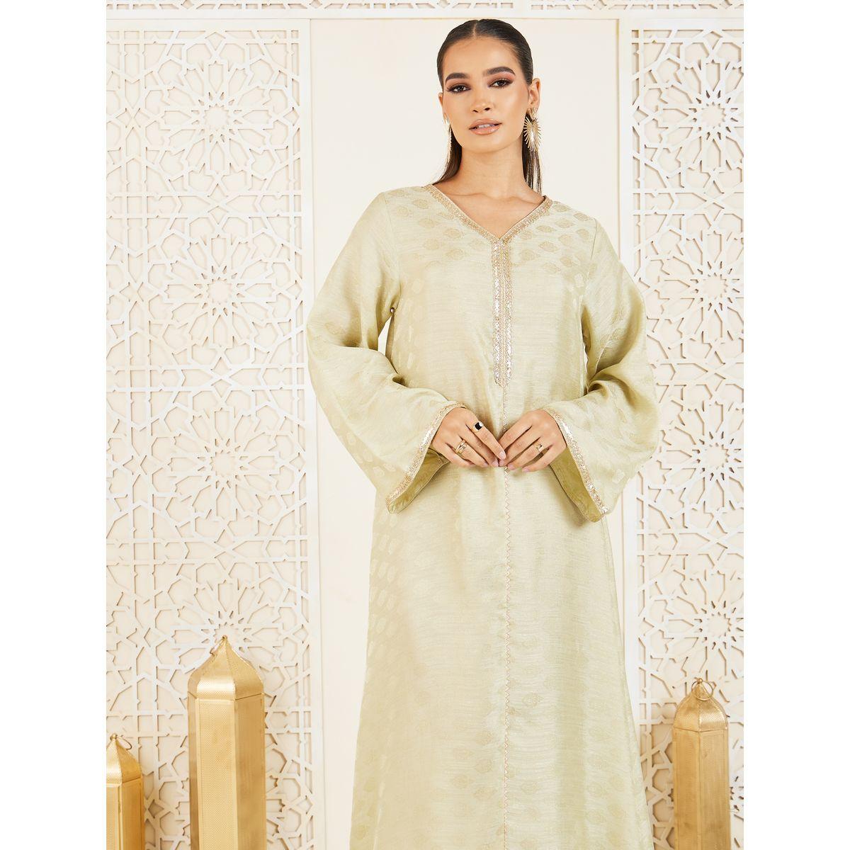Styli Embroidered Lace Neck Jacquard Print Jalabiya-women-arabicclothing-jalabiyas-image-2