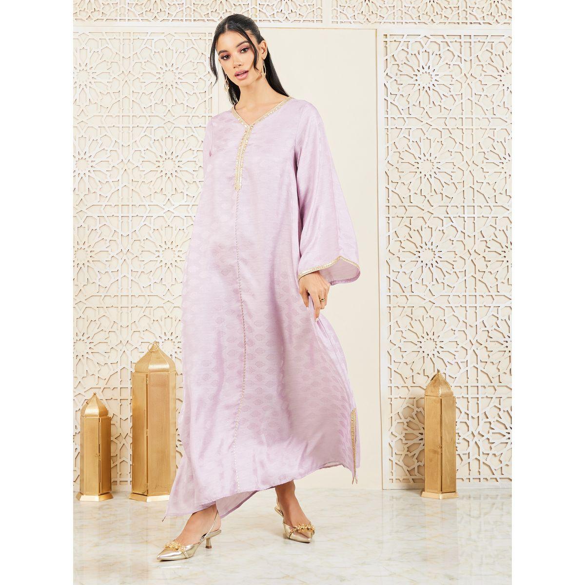 Styli Embroidered Lace Trim Jacquard Print Jalabiya-women-arabicclothing-jalabiyas-image-1