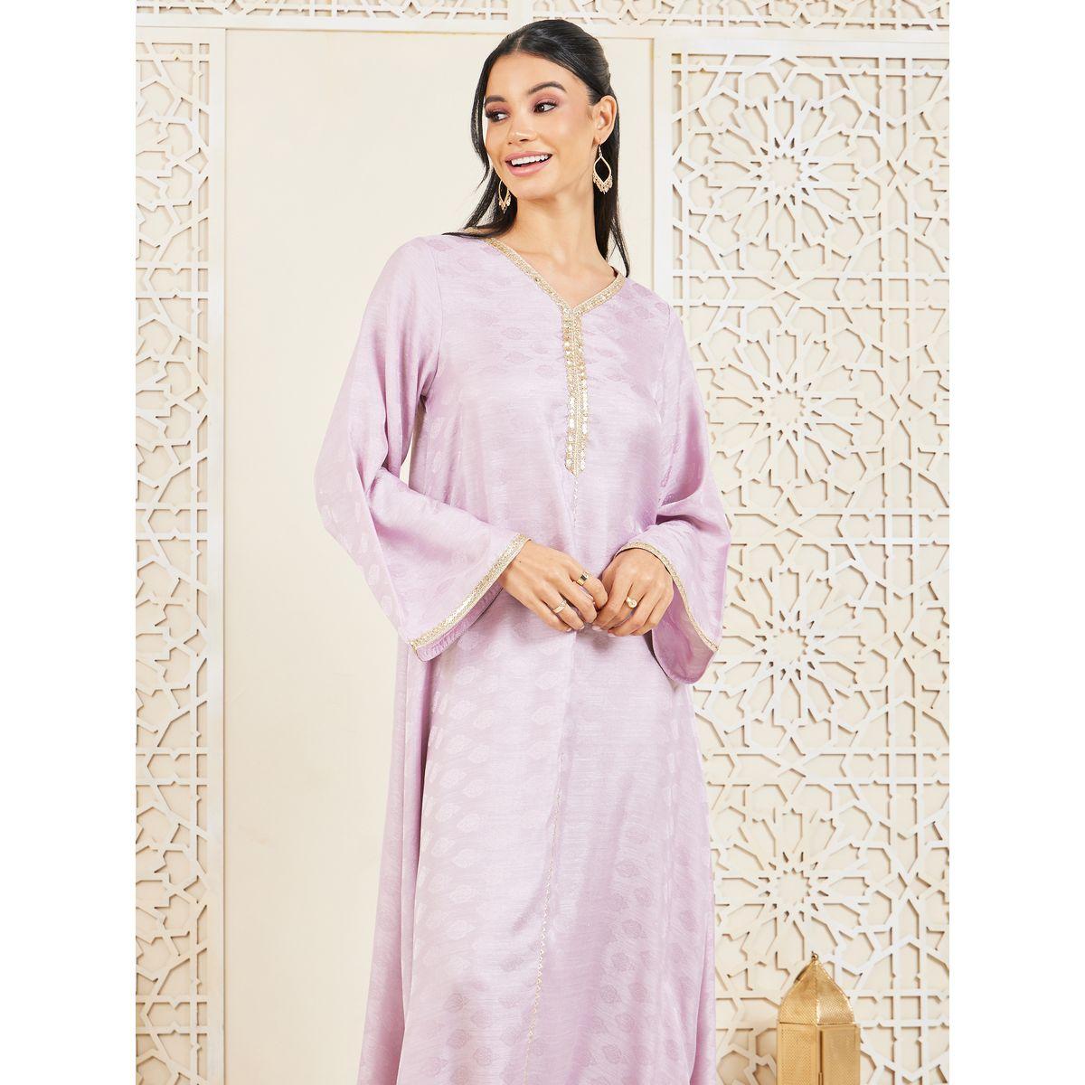Styli Embroidered Lace Trim Jacquard Print Jalabiya-women-arabicclothing-jalabiyas-image-2