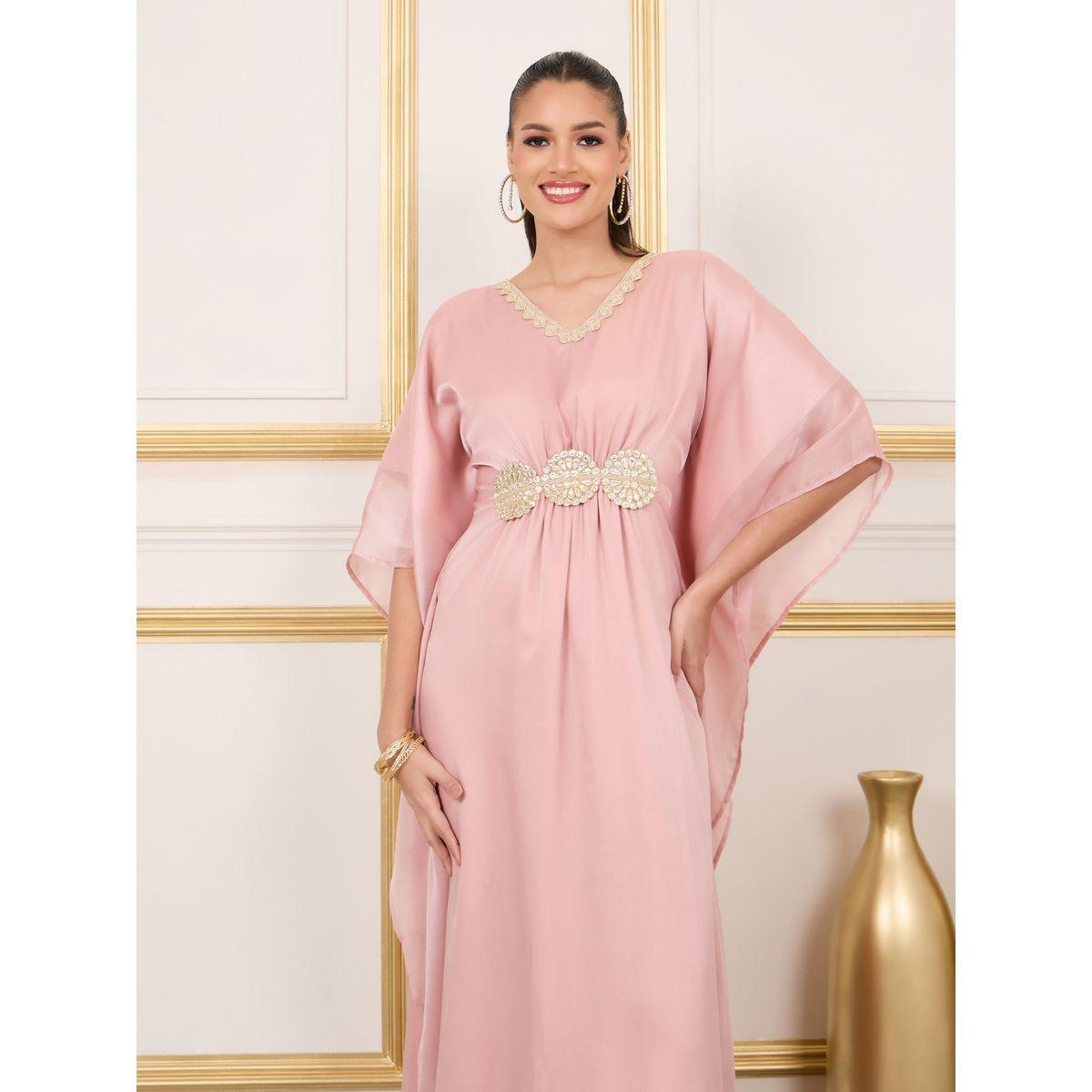Styli Embroidered Lace Detail Organza Kaftan-women-arabicclothing-kaftan-image-2