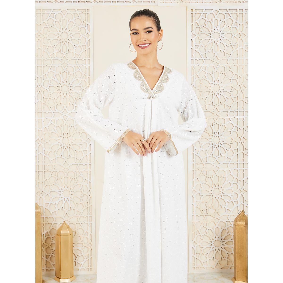 Styli Schiffli Embroidered Lace Trim  V Neck Jalabiya-women-arabicclothing-jalabiyas-image-2