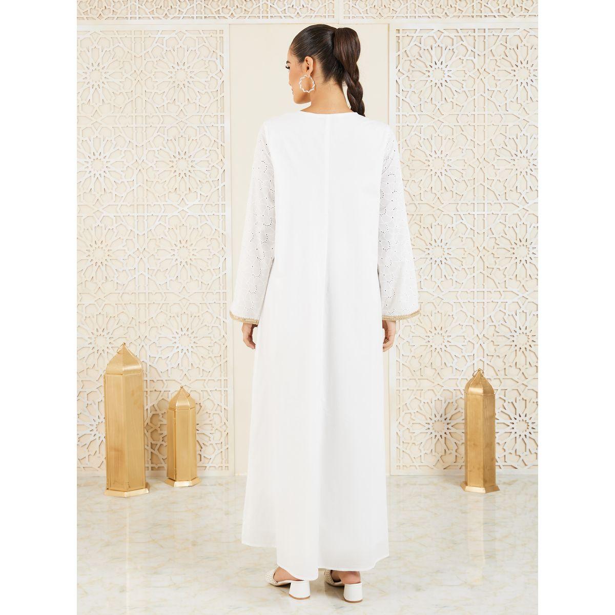 Styli Schiffli Embroidered Lace Trim  V Neck Jalabiya-women-arabicclothing-jalabiyas-image-4