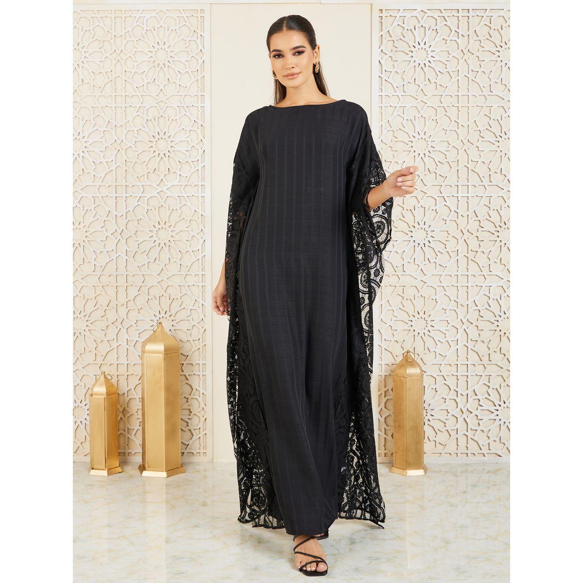 Styli Lace Cape Detail Striped Kaftan-women-arabicclothing-kaftan-image-1