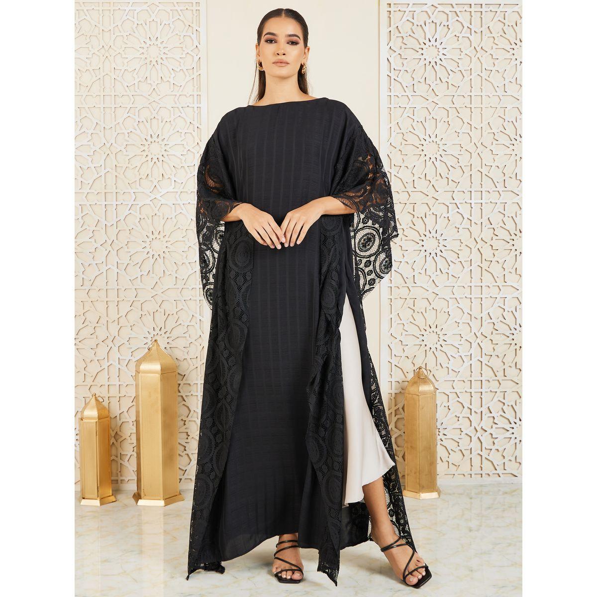 Styli Lace Cape Detail Striped Kaftan-women-arabicclothing-kaftan-image-2