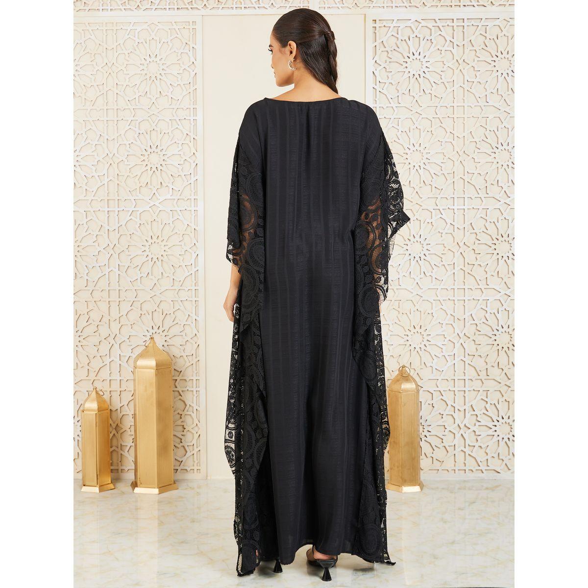 Styli Lace Cape Detail Striped Kaftan-women-arabicclothing-kaftan-image-5