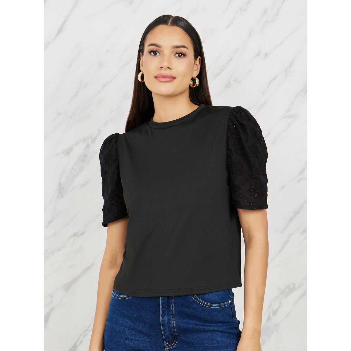 Styli Schiffli Sleeves Solid Regular Fit T-shirt-women-clothing-tshirts-image-1