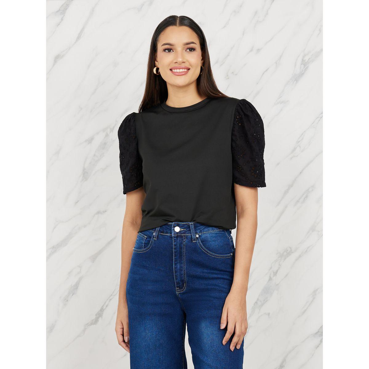 Styli Schiffli Sleeves Solid Regular Fit T-shirt-women-clothing-tshirts-image-2