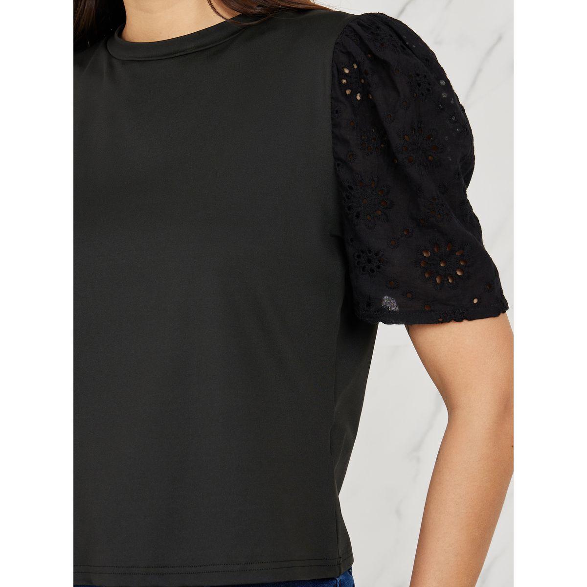 Styli Schiffli Sleeves Solid Regular Fit T-shirt-women-clothing-tshirts-image-4