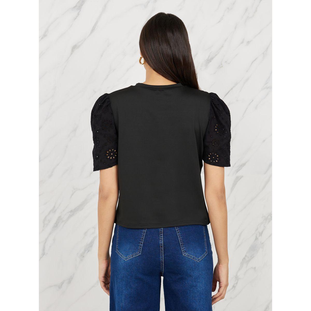 Styli Schiffli Sleeves Solid Regular Fit T-shirt-women-clothing-tshirts-image-5
