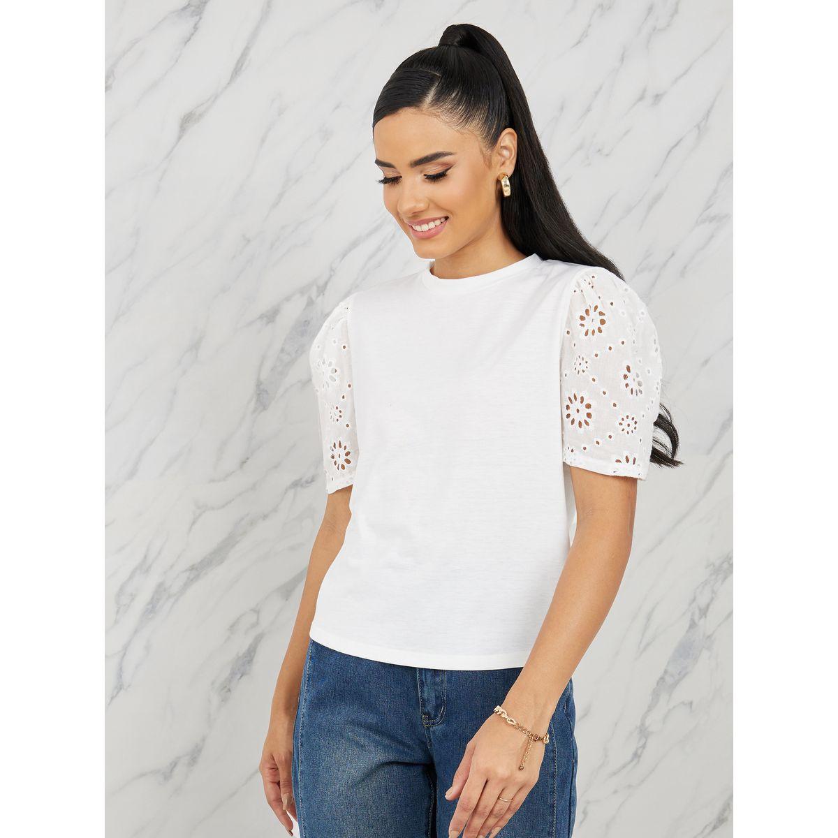 Styli Schiffli Sleeves Solid Regular Fit T-shirt-women-clothing-tshirts-image-1