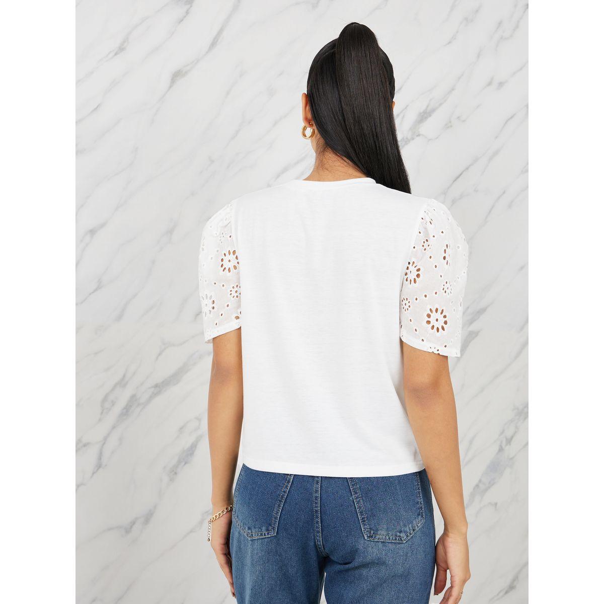 Styli Schiffli Sleeves Solid Regular Fit T-shirt-women-clothing-tshirts-image-4