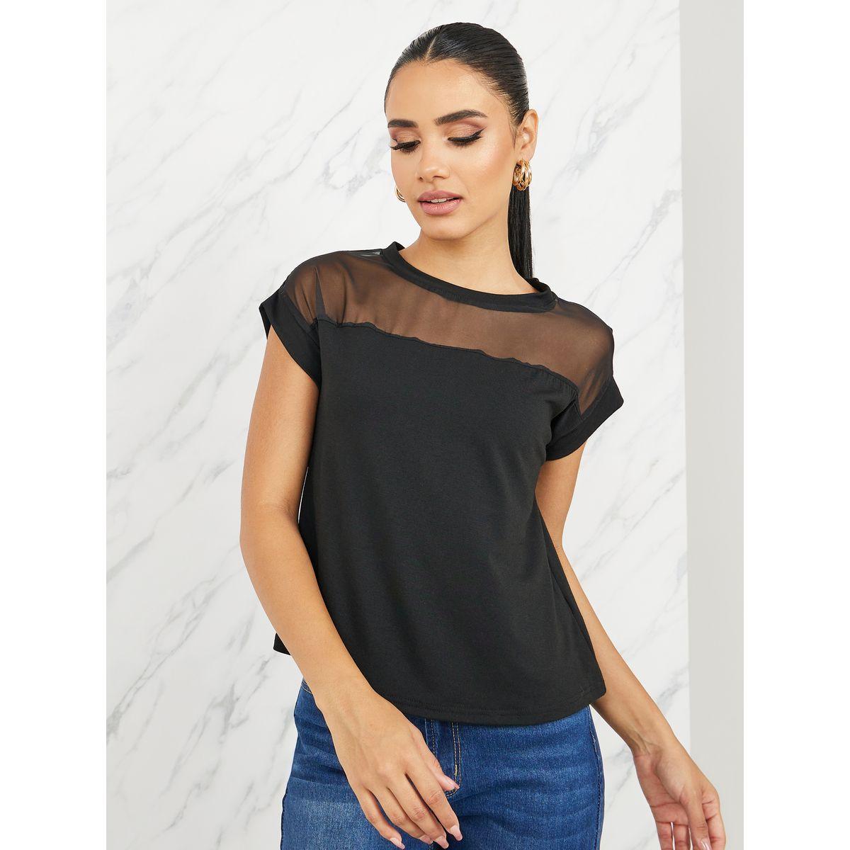 Styli Mesh Insert Regular Fit T-Shirt-women-clothing-tshirts-image-1
