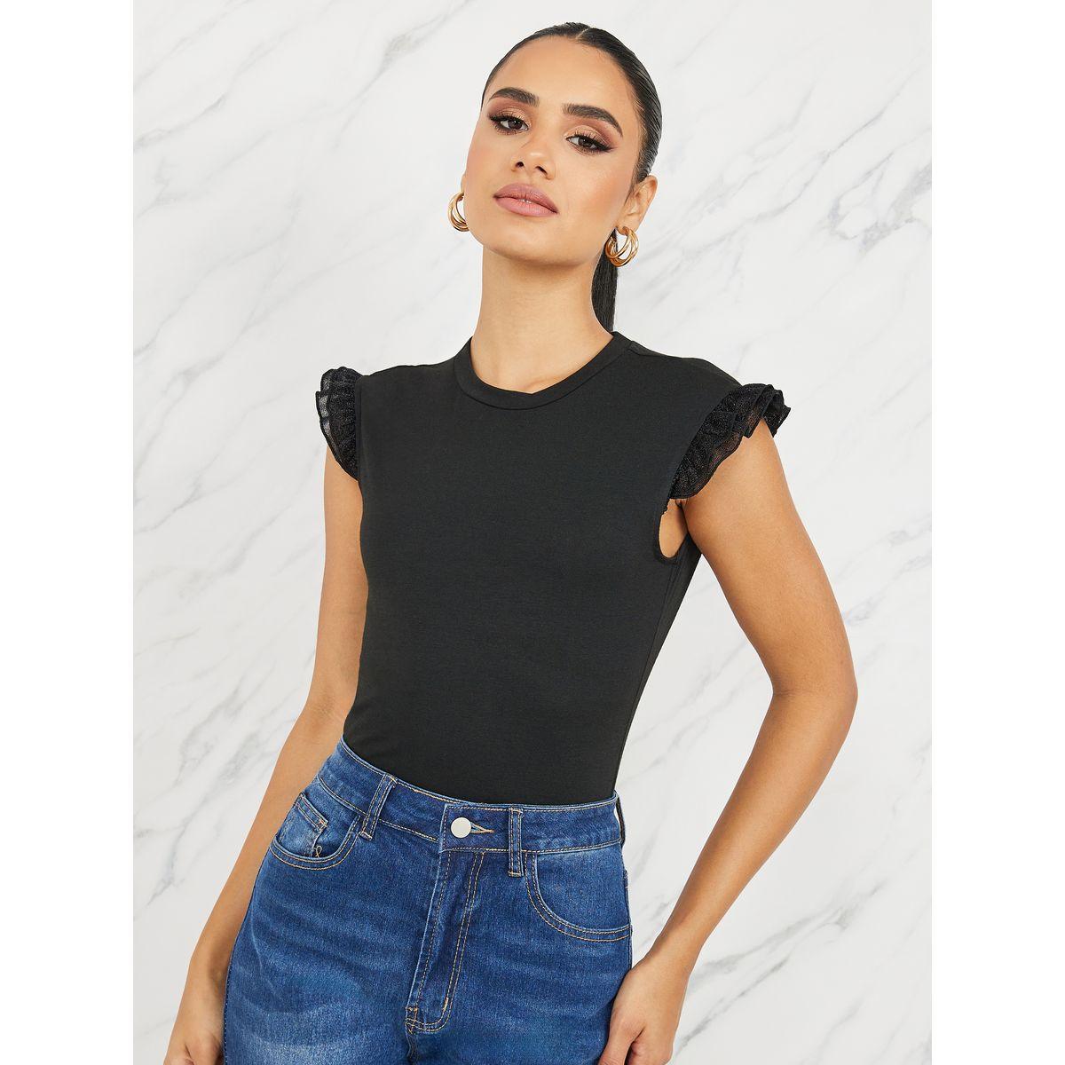 Styli Contrast Ruffle Detail Fitted T-Shirt-women-clothing-tshirts-image-1