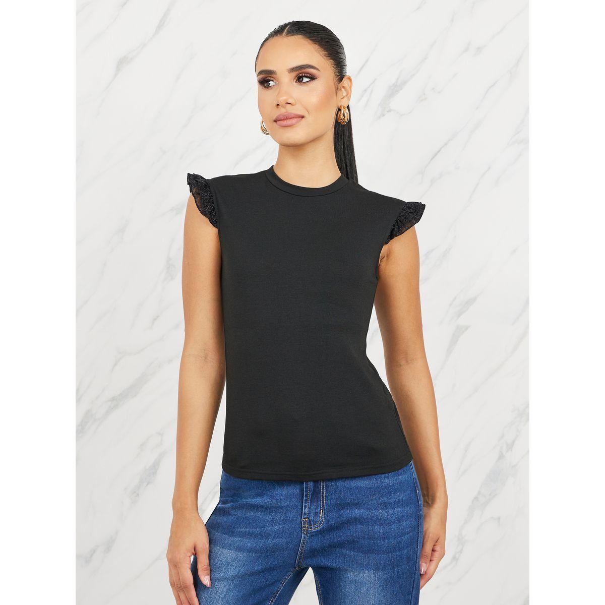 Styli Contrast Ruffle Detail Fitted T-Shirt-women-clothing-tshirts-image-3