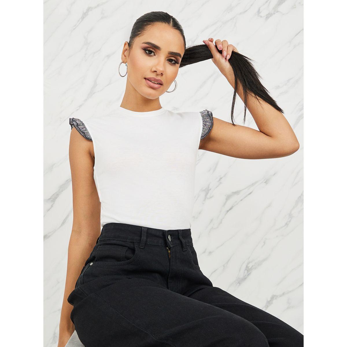 Styli Contrast Ruffle Detail Fitted T-Shirt-women-clothing-tshirts-image-1
