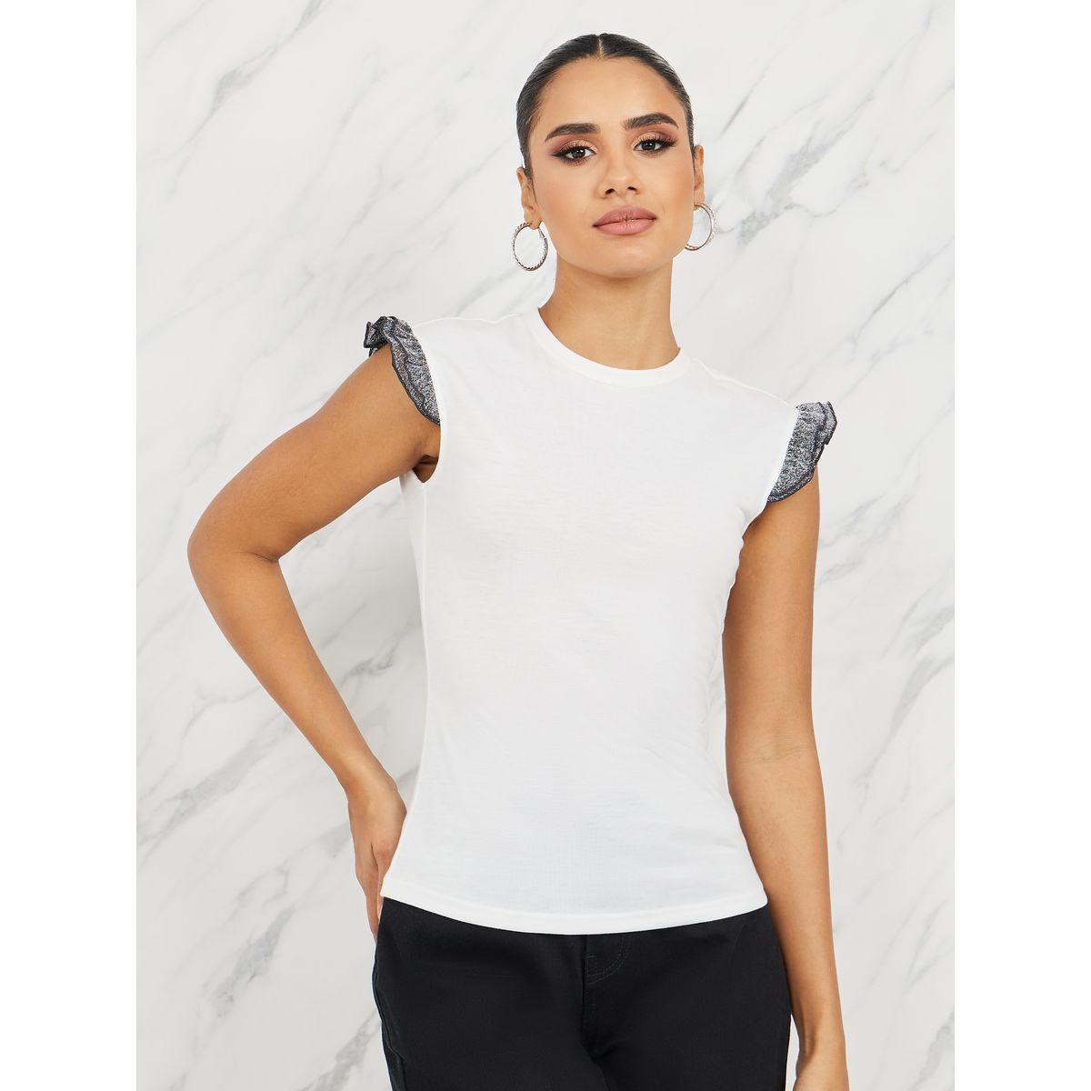 Styli Contrast Ruffle Detail Fitted T-Shirt-women-clothing-tshirts-image-3