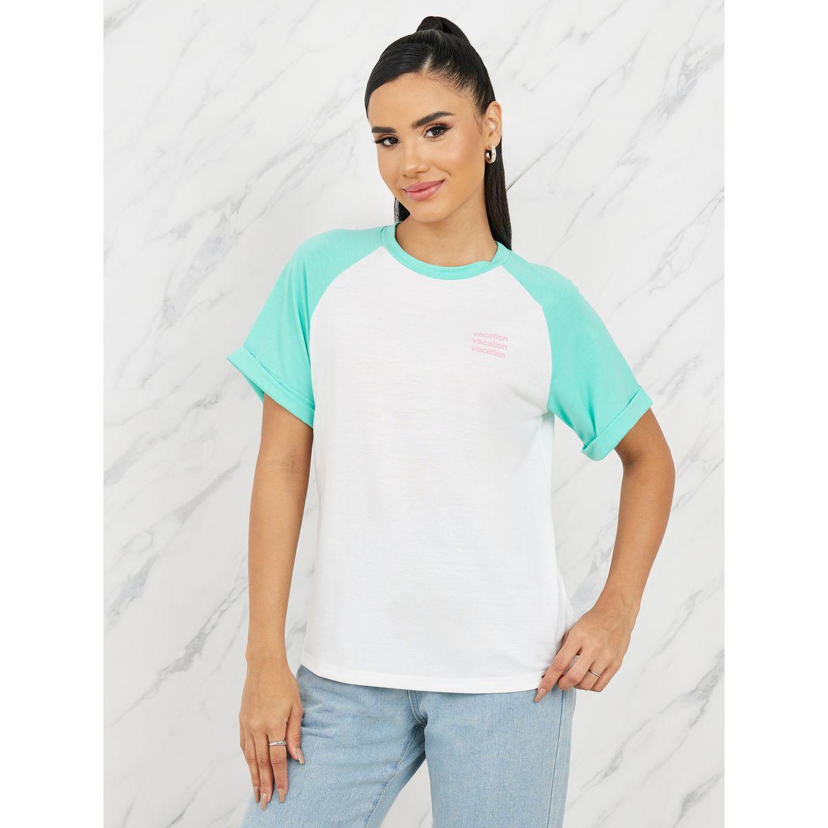 Styli Regular Fit Vacation Slogan Print Contrast Raglan Sleeves T-Shirt-women-clothing-tshirts-image-2