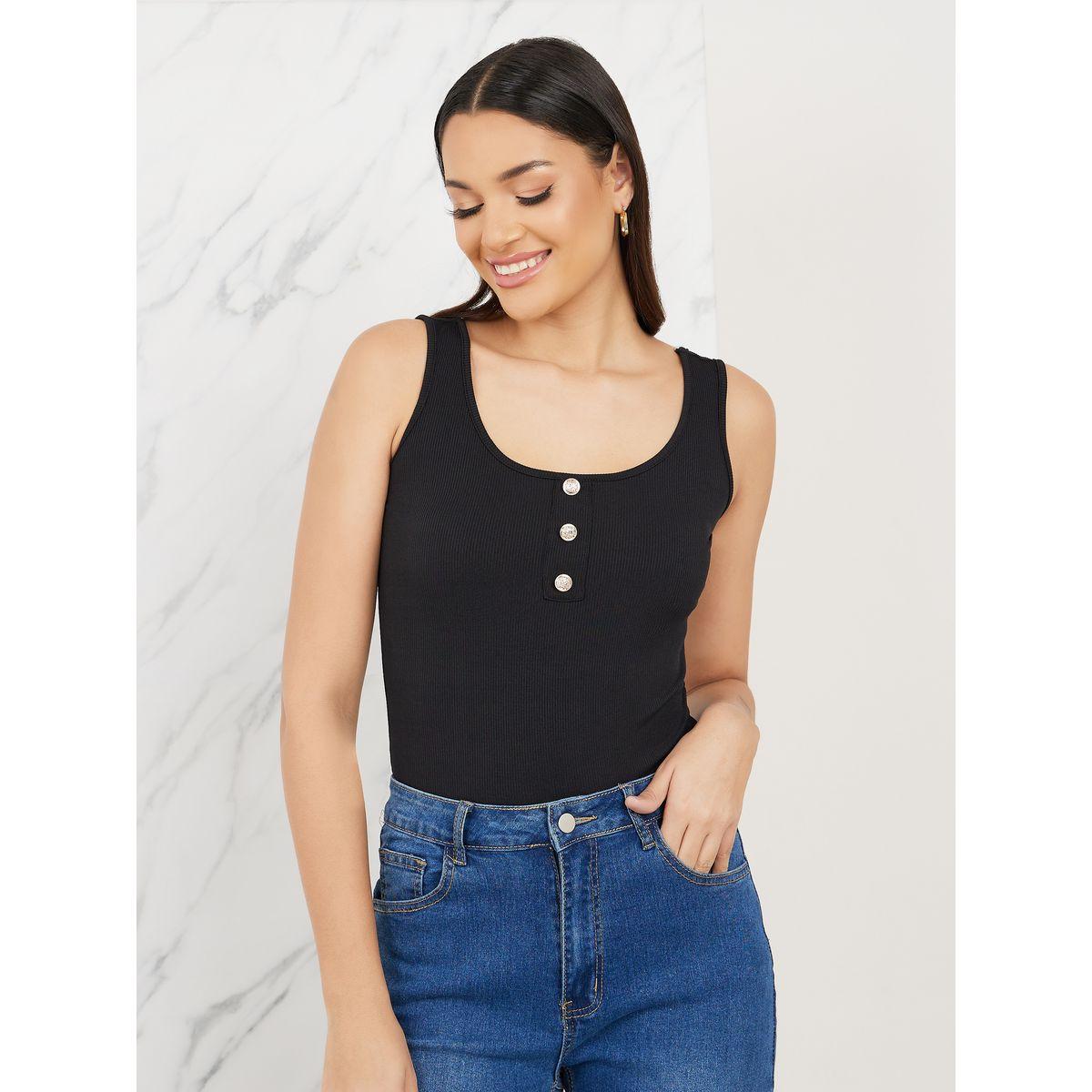 Styli Contrast Rib Button Detail Fitted Tank-women-clothing-tshirts-image-1