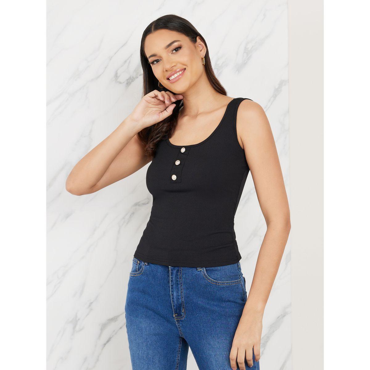 Styli Contrast Rib Button Detail Fitted Tank-women-clothing-tshirts-image-3