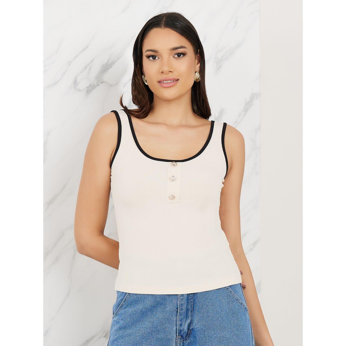 بلوزة بلا اكمام مع تداخلات مضلعة وازرار-women-clothing-tshirts-image-3