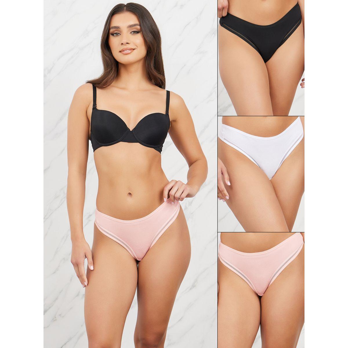 Styli Pack of 3 - Solid Cotton Burnout Elastic Trim Thong-women-clothing-lingerie-panties-image-1