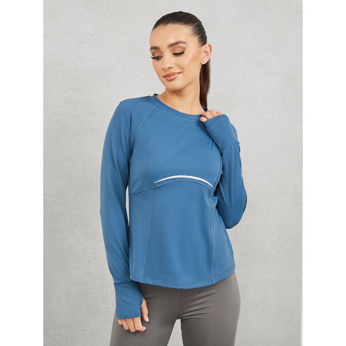 بلوزة بتفاصيل شبكية ودرزات مع فتحة إبهام-women-clothing-sportswearandactivewear-tshirtsandvests-image-3