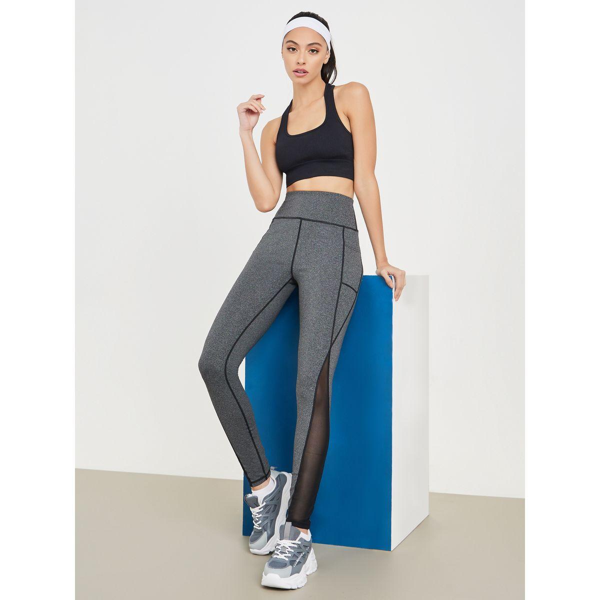 Styli Active Melange Contrast Stitch Mesh Detail Leggings-women-clothing-sportswearandactivewear-bottoms-image-1