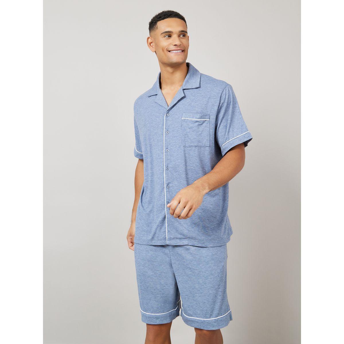 مجموعة من شورت وقميص محبوك بياقة ريزورت-men-clothing-nightwear-sets-image-1