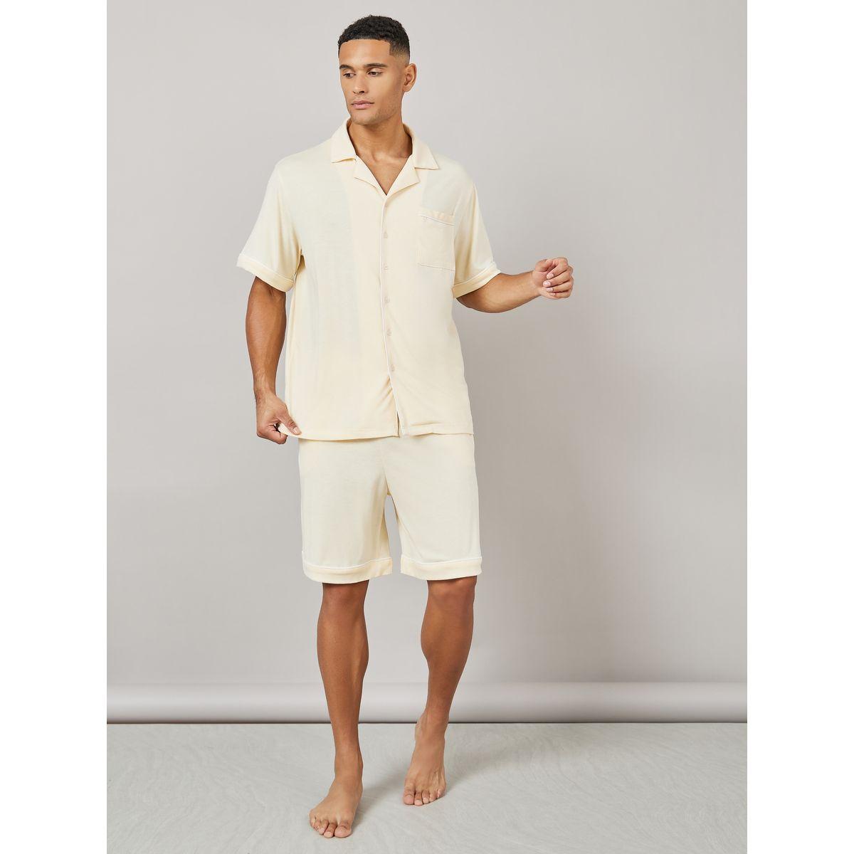 Styli Unwind Knitted Resort Collar Shirt and Short Set with Piping Detail-men-clothing-nightwear-sets-image-1