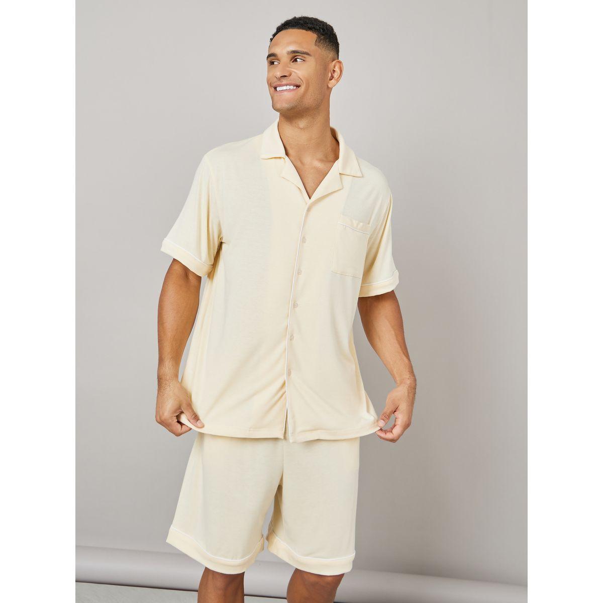 Styli Unwind Knitted Resort Collar Shirt and Short Set with Piping Detail-men-clothing-nightwear-sets-image-2
