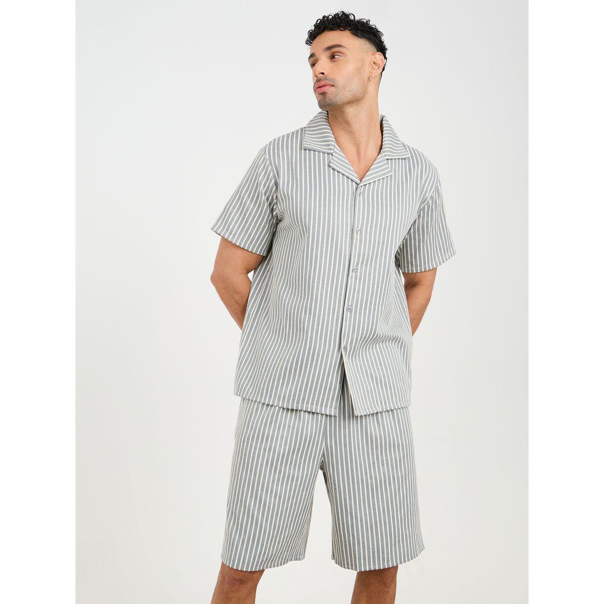 Styli Unwind Striped Collar Shirt and Short Set-men-clothing-nightwear-sets-image-1