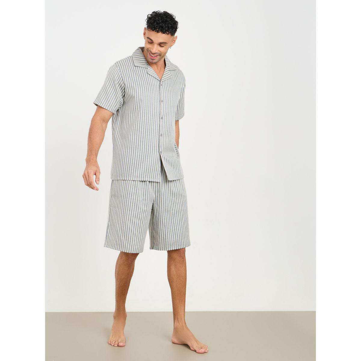 Styli Unwind Striped Collar Shirt and Short Set-men-clothing-nightwear-sets-image-2