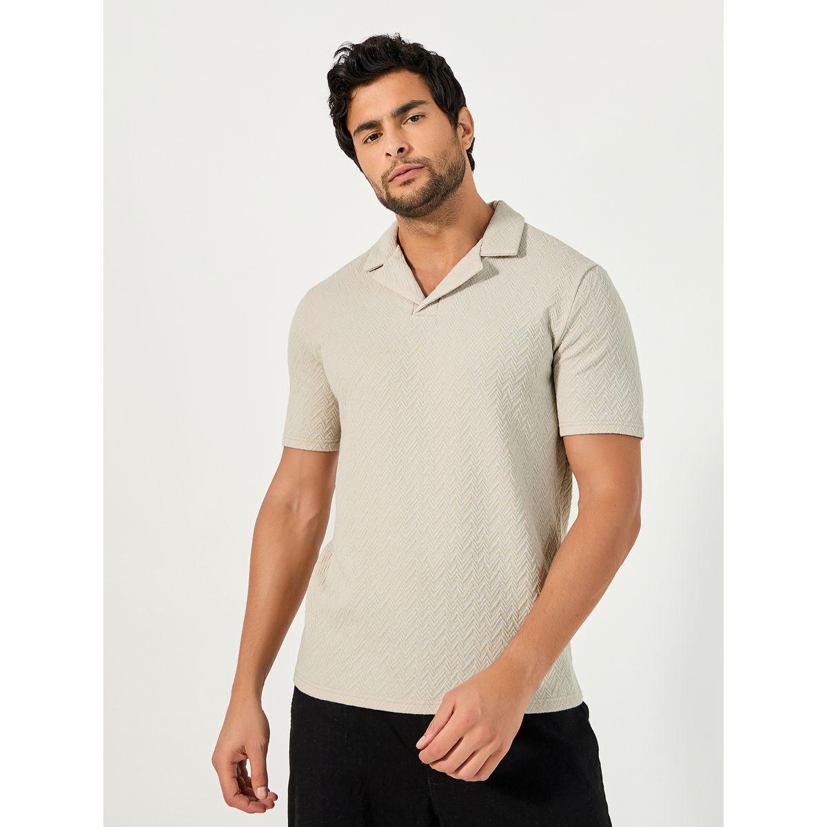 تيشيرت بولو بنسيج شيفرون وقصة مريحة مع ياقة ريفير-men-clothing-tshirtsandpolos-polos-image-1