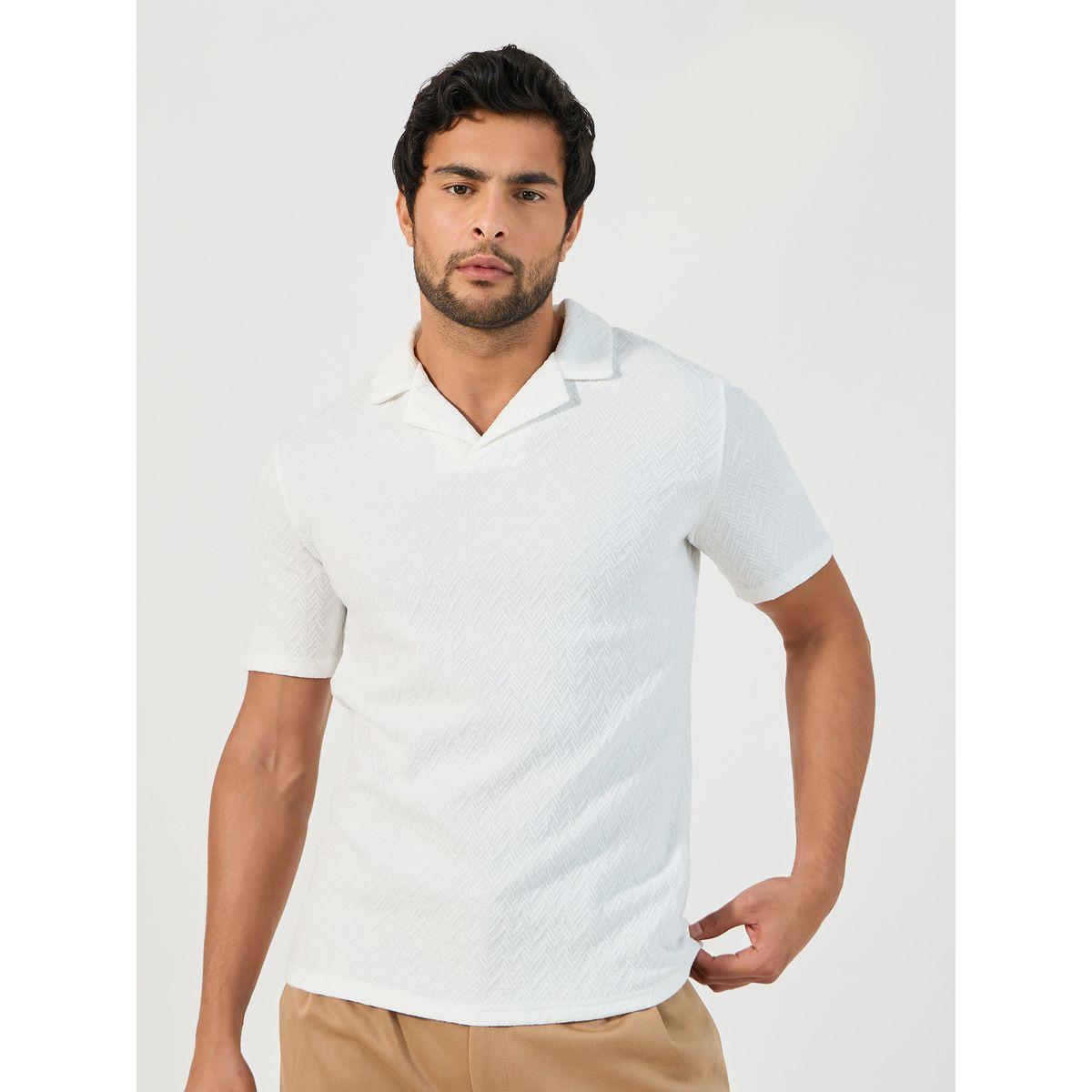 تيشيرت بولو بنسيج شيفرون وقصة مريحة مع ياقة ريفير-men-clothing-tshirtsandpolos-polos-image-1