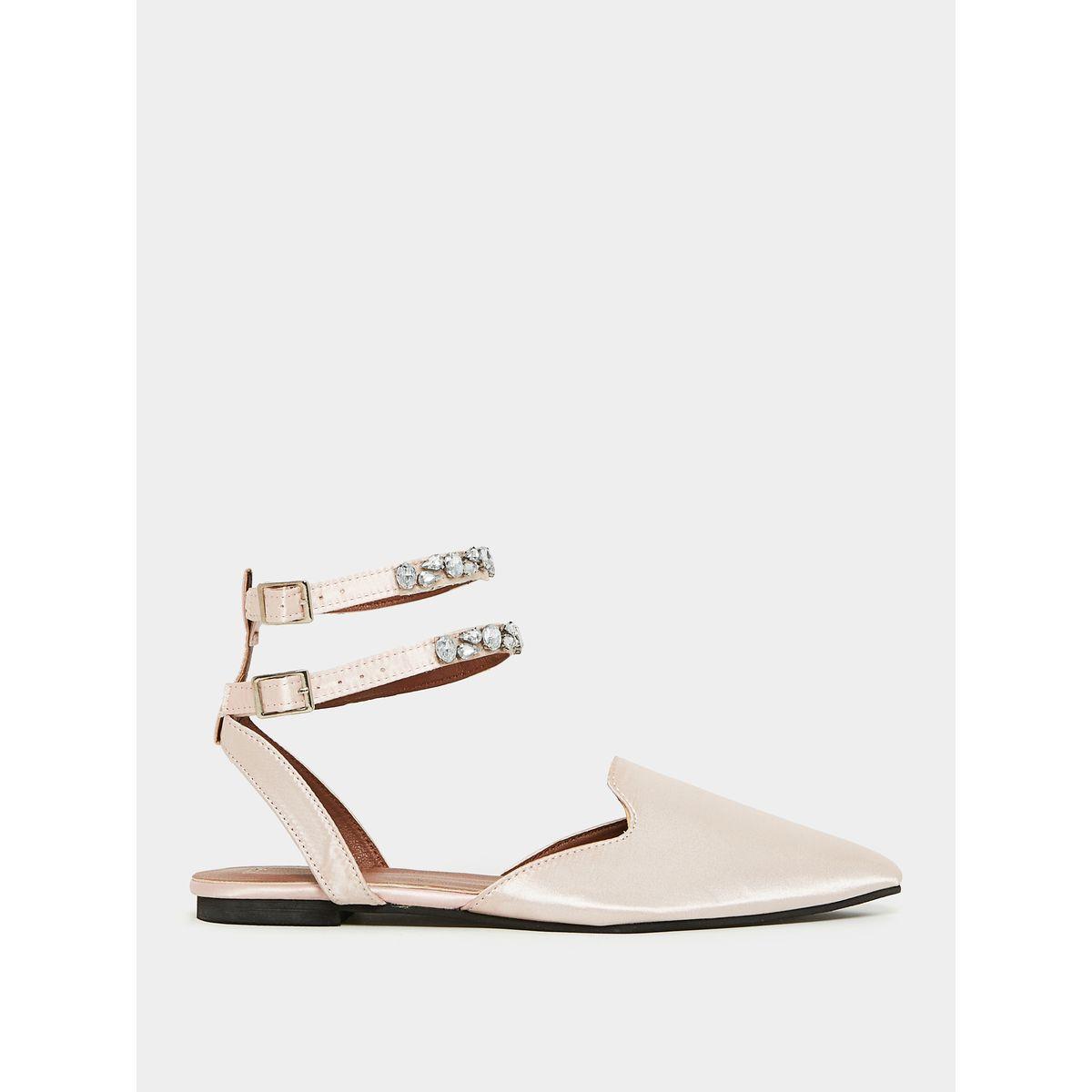 Styli Satin Embellished Double Ankle Strap Pointed Toe D'orsay Flat Sandal-women-shoes-heels-image-2