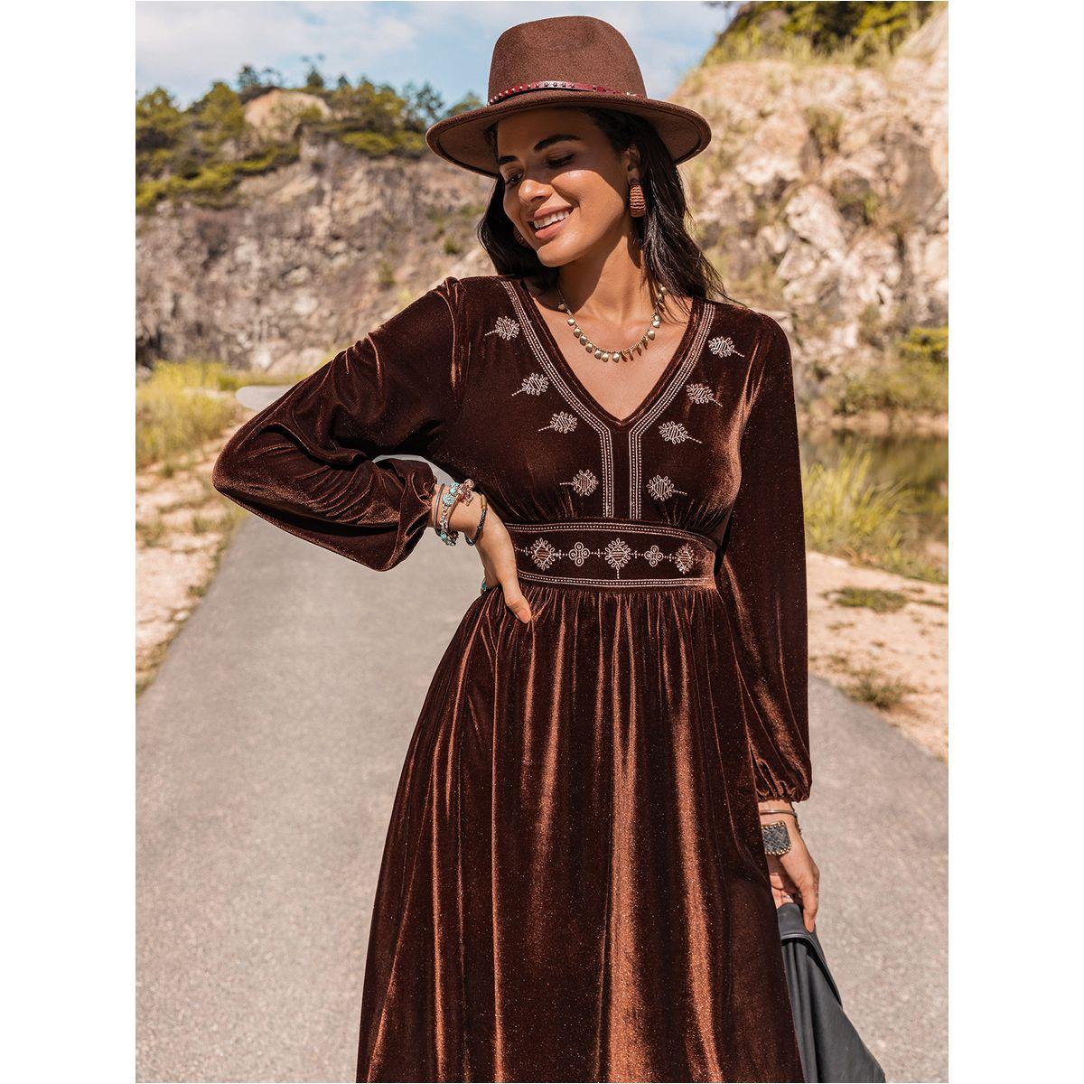 Embroidery Detail Ruffle Hem Velvet Midi Dress-women-clothing-dresses-image-1