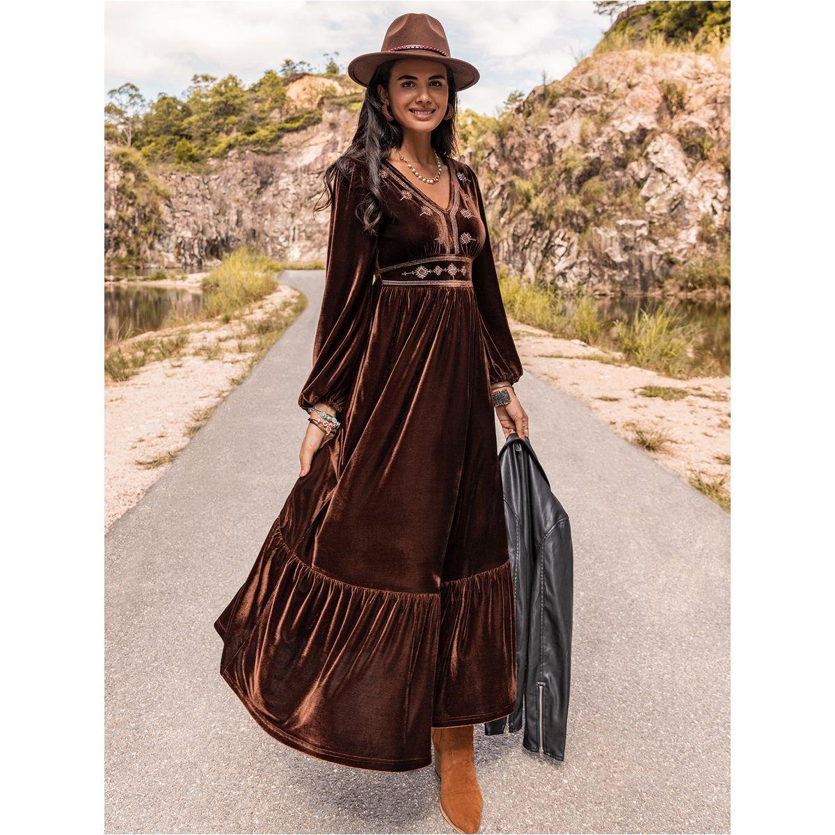 Embroidery Detail Ruffle Hem Velvet Midi Dress-women-clothing-dresses-image-2