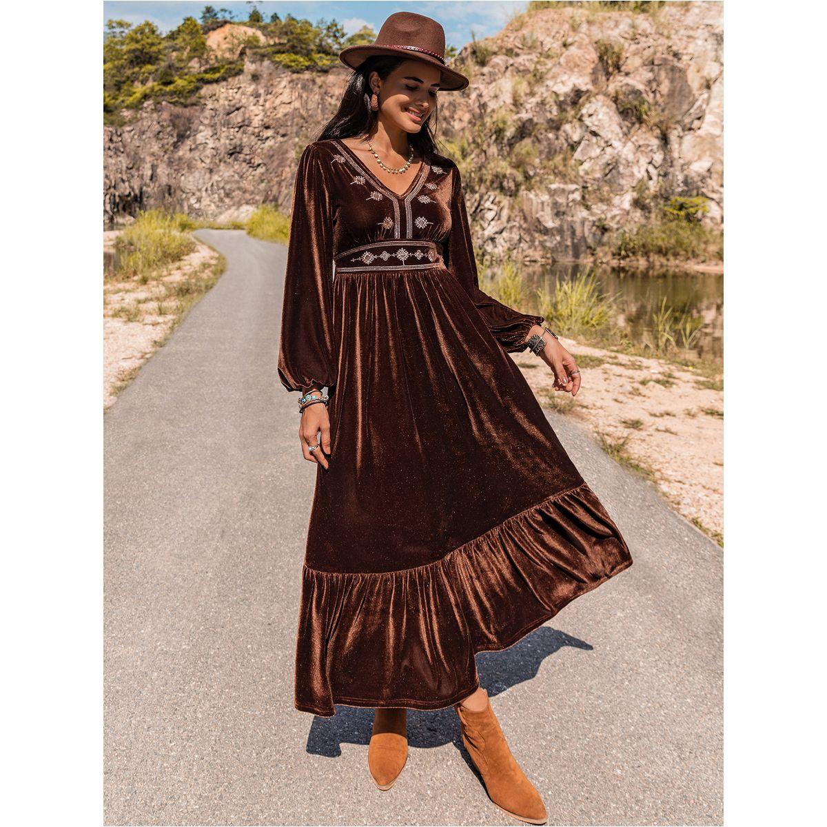 Embroidery Detail Ruffle Hem Velvet Midi Dress-women-clothing-dresses-image-3