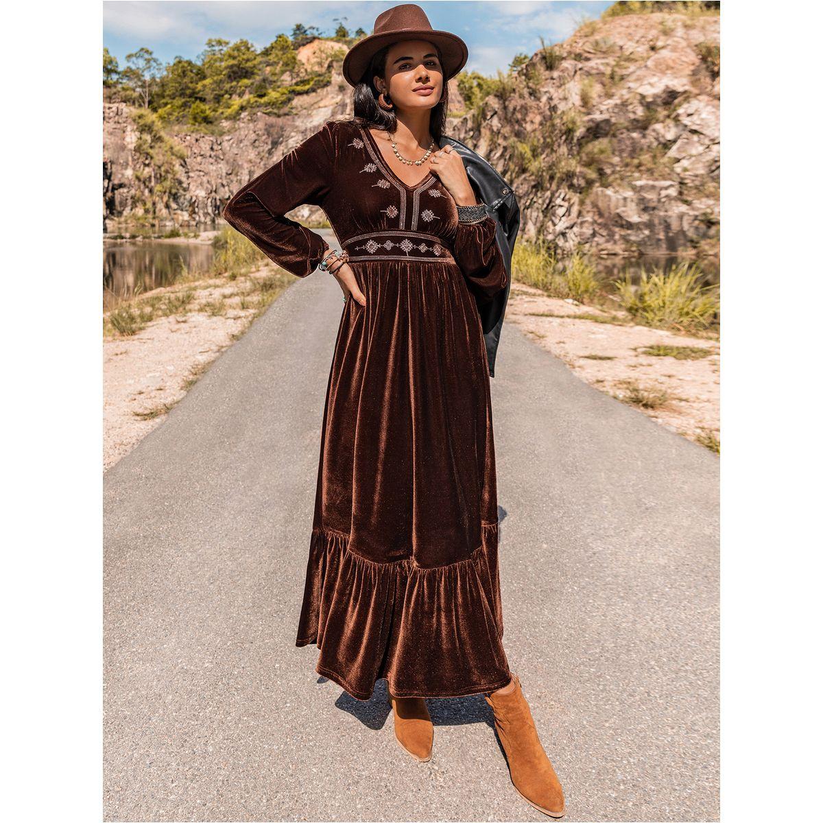 Embroidery Detail Ruffle Hem Velvet Midi Dress-women-clothing-dresses-image-4