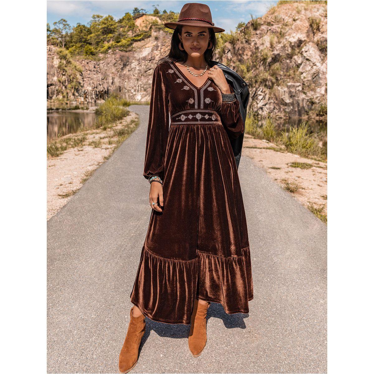 Embroidery Detail Ruffle Hem Velvet Midi Dress-women-clothing-dresses-image-5